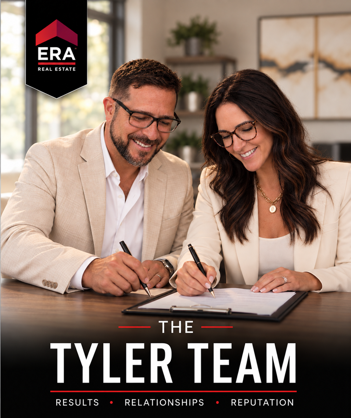 Joshua and Stacey Tyler signing a contract beneath The Tyler Team branding