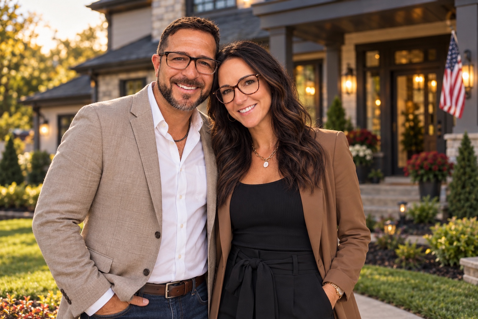 Stacey and Joshua Tyler standing together in front of a home